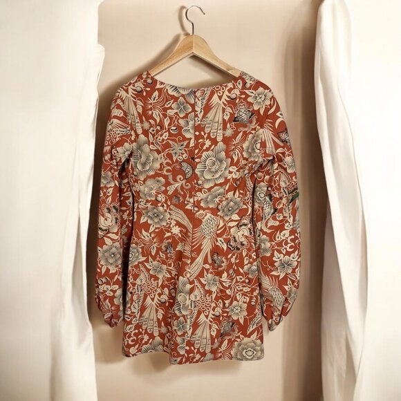 NWT Rumer Linen Rust Floral Print Cut Out Long Sleeve Mini Dress - Picture 3 of 6